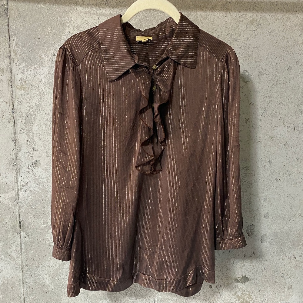 Ella Moss Silk Collared Brown Gold Stripe Ruffled Blouse Made in USA Medium